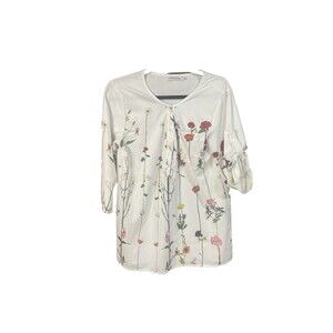 Misslook Women’s Medium‎ White Floral 3/4 Roll Tab Sleeve Blouse Top Summer